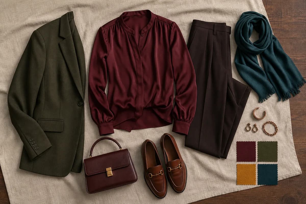 Klädkombination i färgpaletten för Deep Autumn